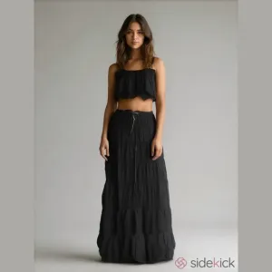 Black Tiered Vintage Retro Boho Broomstick Maxi Skirt One Size Crochet Sequins