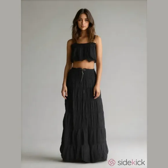 Black Tiered Vintage Retro Boho Broomstick Maxi Skirt One Size Crochet Sequins