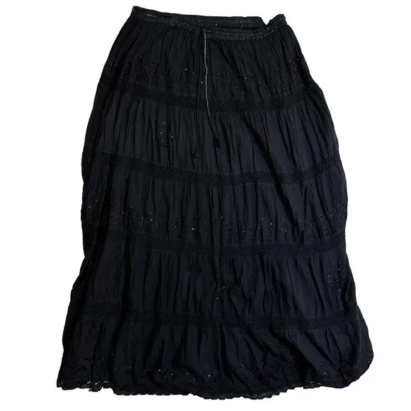 Black Tiered Vintage Retro Boho Broomstick Maxi Skirt One Size Crochet Sequins