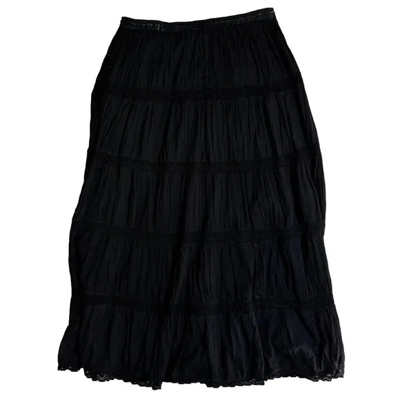 Black Tiered Vintage Retro Boho Broomstick Maxi Skirt One Size Crochet Sequins