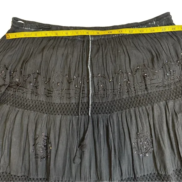 Black Tiered Vintage Retro Boho Broomstick Maxi Skirt One Size Crochet Sequins