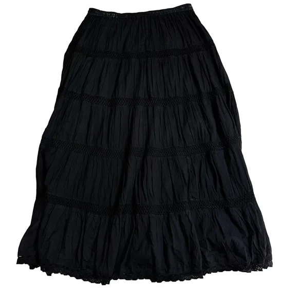Black Tiered Vintage Retro Boho Broomstick Maxi Skirt One Size Crochet Sequins