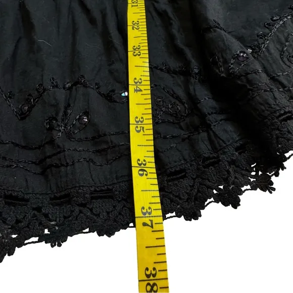 Black Tiered Vintage Retro Boho Broomstick Maxi Skirt One Size Crochet Sequins