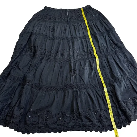 Black Tiered Vintage Retro Boho Broomstick Maxi Skirt One Size Crochet Sequins