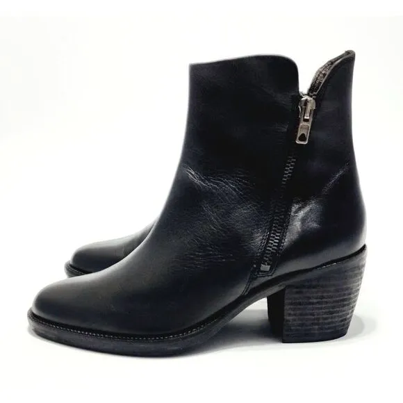 Boemos Women's Solid Black Leather Side Zip Block Heel Ankle Boots Size 6 Shoes