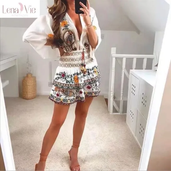 Boho Summer Embroidered Flared Kimono 2 Piece Skirt Set, Cotton Floral K…