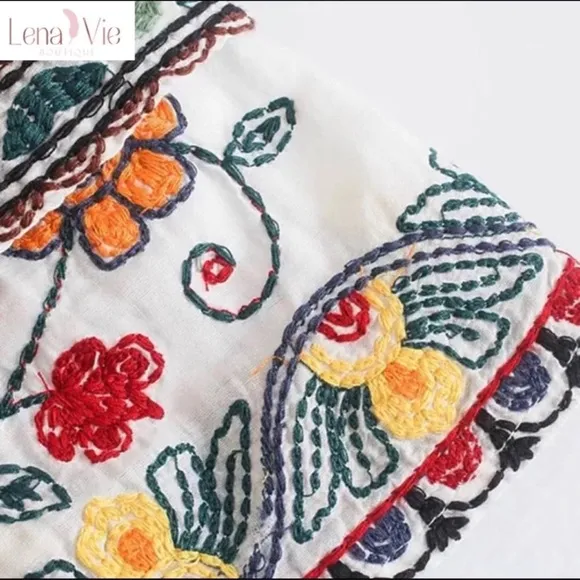 Boho Summer Embroidered Flared Kimono 2 Piece Skirt Set, Cotton Floral K…