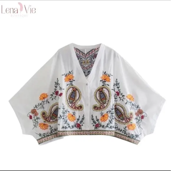 Boho Summer Embroidered Flared Kimono 2 Piece Skirt Set, Cotton Floral K…