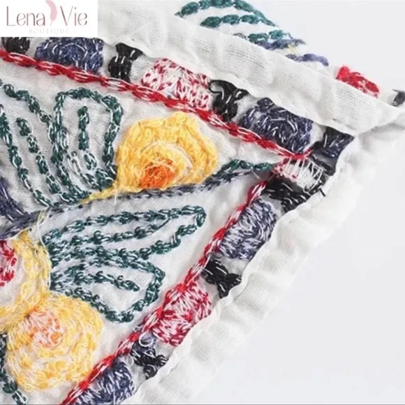 Boho Summer Embroidered Flared Kimono 2 Piece Skirt Set, Cotton Floral K…