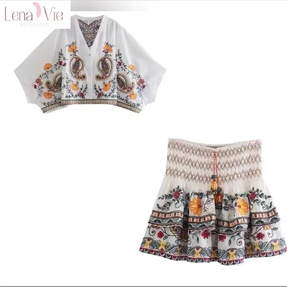 Boho Summer Embroidered Flared Kimono 2 Piece Skirt Set, Cotton Floral K…