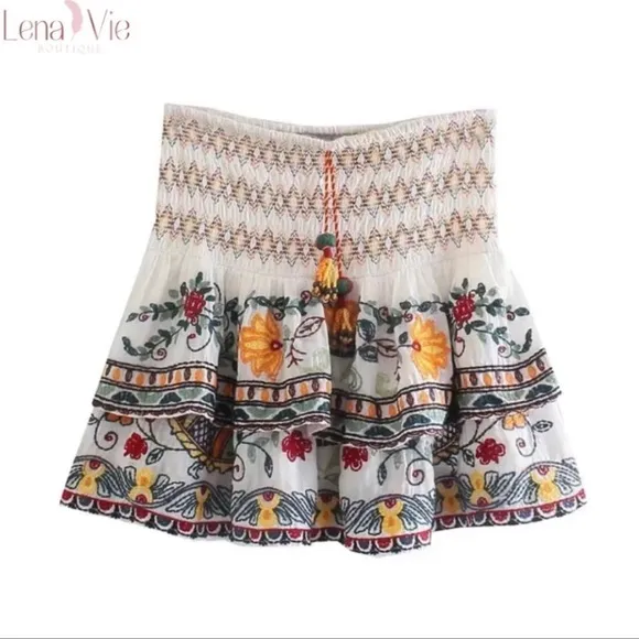 Boho Summer Embroidered Flared Kimono 2 Piece Skirt Set, Cotton Floral K…