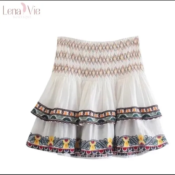 Boho Summer Embroidered Flared Kimono 2 Piece Skirt Set, Cotton Floral K…