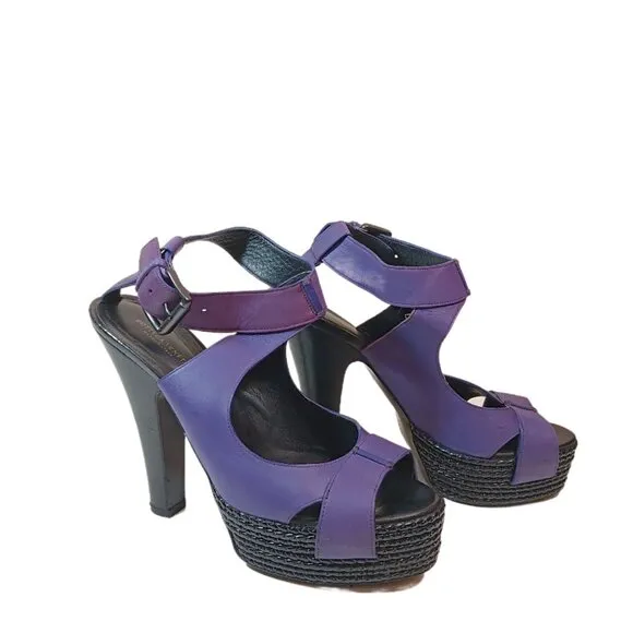 Bottega Veneta Platform Sandals Womens 8.5 Purple Leather Printed Block Heels