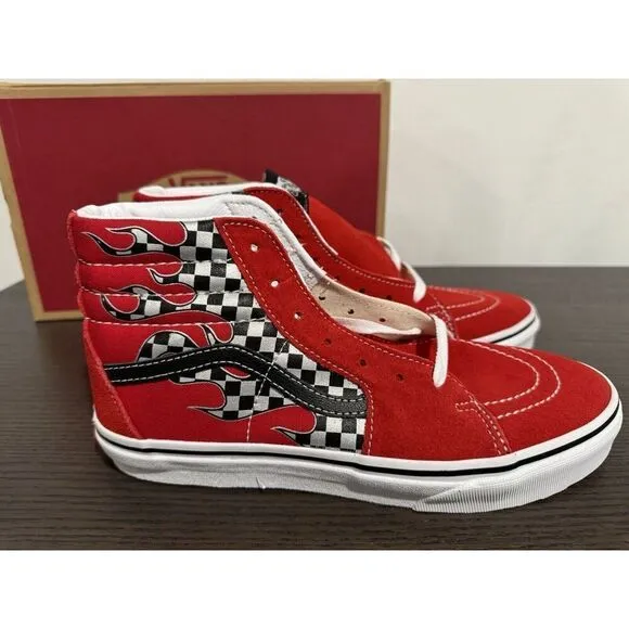 Boy's Sneakers Shoes Vans Wall Kids SK8-Hi Big Kid Sz 6.5 Reflect Flame Racing