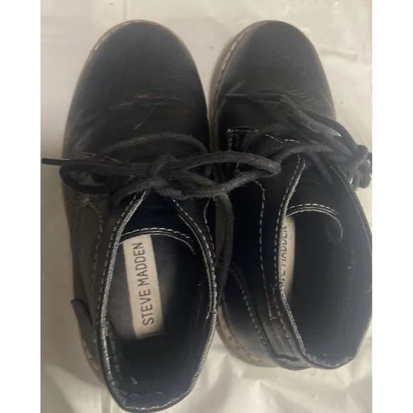 Boys Steve‎ Madden Chukka Black Leather Lace Up Ankle Boots-Size 12 Kids