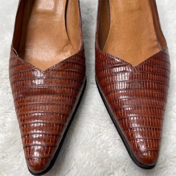 Briganti Women's Brown Pointed Lizard Print Leather Heels Pumps Shoes Size 6