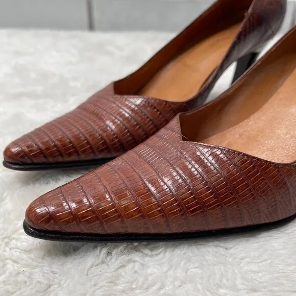 Briganti Women's Brown Pointed Lizard Print Leather Heels Pumps Shoes Size 6