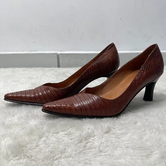 Briganti Women's Brown Pointed Lizard Print Leather Heels Pumps Shoes Size 6