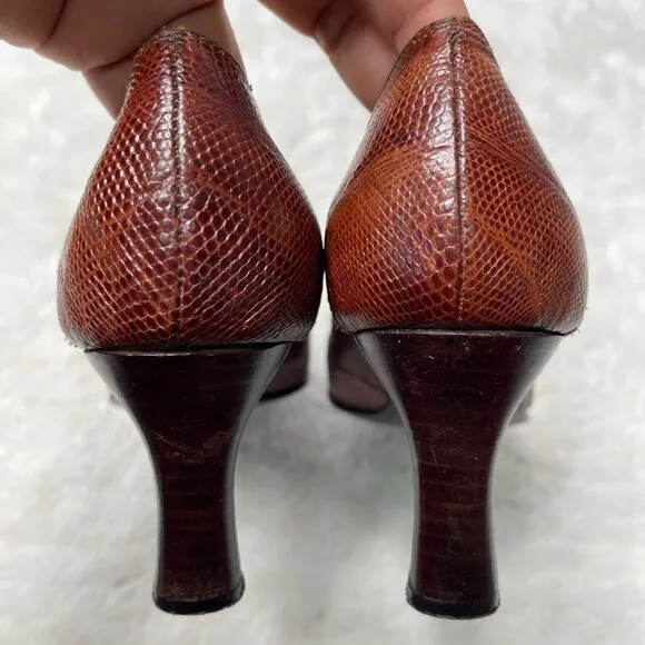 Briganti Women's Brown Pointed Lizard Print Leather Heels Pumps Shoes Size 6