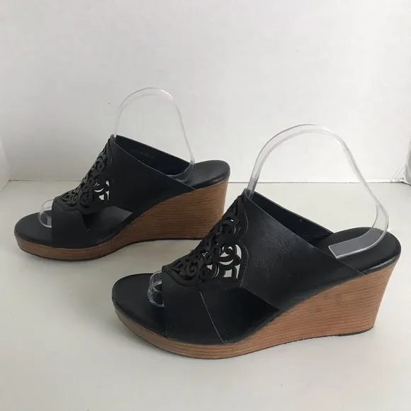 Brighton Delila Black Leather Perforated Wedge Sandals Womens Sz 10 Boho