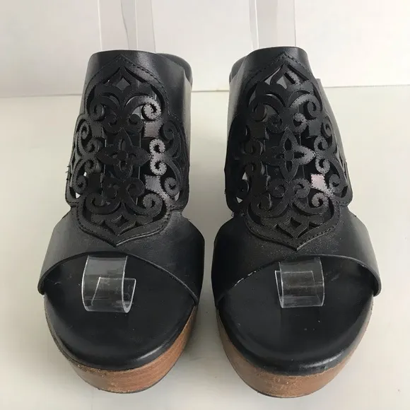 Brighton Delila Black Leather Perforated Wedge Sandals Womens Sz 10 Boho