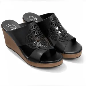 Brighton Delila Black Leather Perforated Wedge Sandals Womens Sz 10 Boho