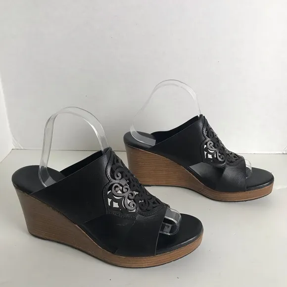 Brighton Delila Black Leather Perforated Wedge Sandals Womens Sz 10 Boho