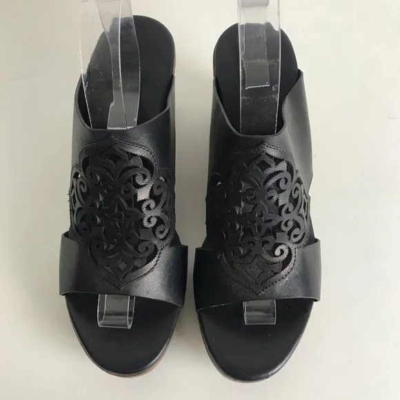 Brighton Delila Black Leather Perforated Wedge Sandals Womens Sz 10 Boho