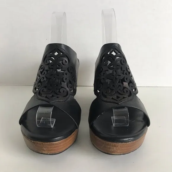 Brighton Delila Black Leather Perforated Wedge Sandals Womens Sz 10 Boho
