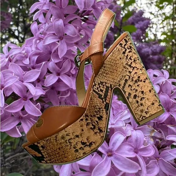 Brown and Tan Snakeskin Platform Heels