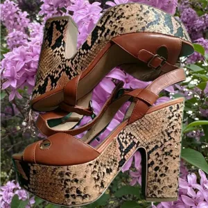 Brown and Tan Snakeskin Platform Heels