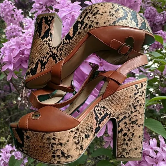 Brown and Tan Snakeskin Platform Heels