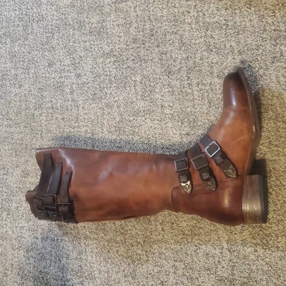 Brown Leather Knee-High Boots with Buckles