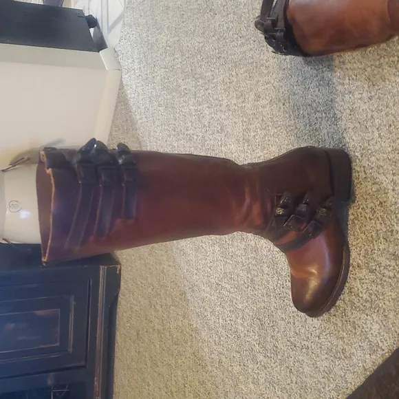 Brown Leather Knee-High Boots with Buckles