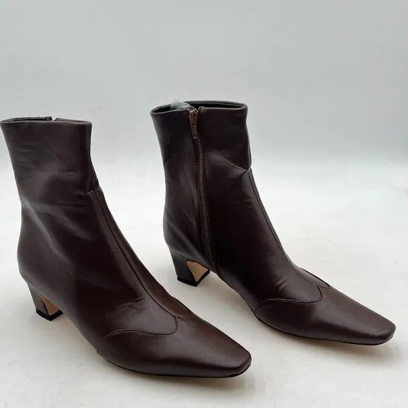 Brown Women's Square Toe Low Chunky Heel Ankle Booties Chic Zip Up Short Boot
