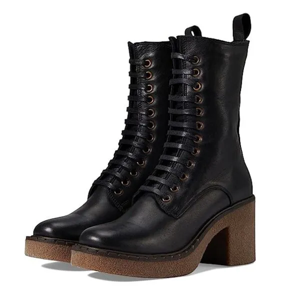 Bueno Womens Harly Boot EU 36 US 5.5-6 Black Leather Mid-calf Heels Lace Up NWOB