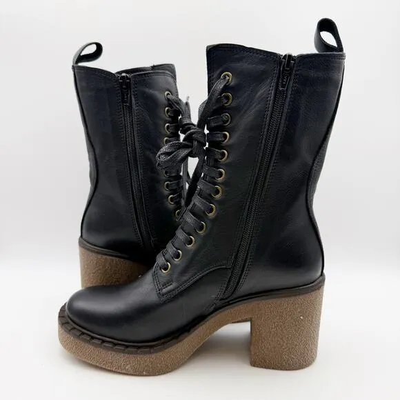 Bueno Womens Harly Boot EU 36 US 5.5-6 Black Leather Mid-calf Heels Lace Up NWOB
