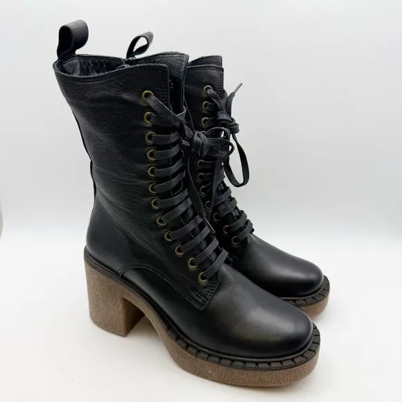 Bueno Womens Harly Boot EU 36 US 5.5-6 Black Leather Mid-calf Heels Lace Up NWOB