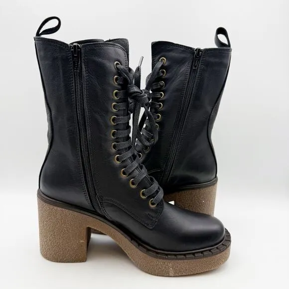 Bueno Womens Harly Boot EU 36 US 5.5-6 Black Leather Mid-calf Heels Lace Up NWOB