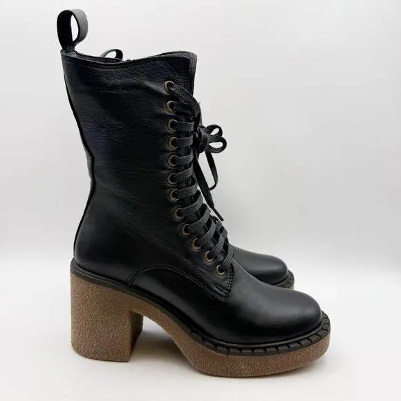 Bueno Womens Harly Boot EU 36 US 5.5-6 Black Leather Mid-calf Heels Lace Up NWOB