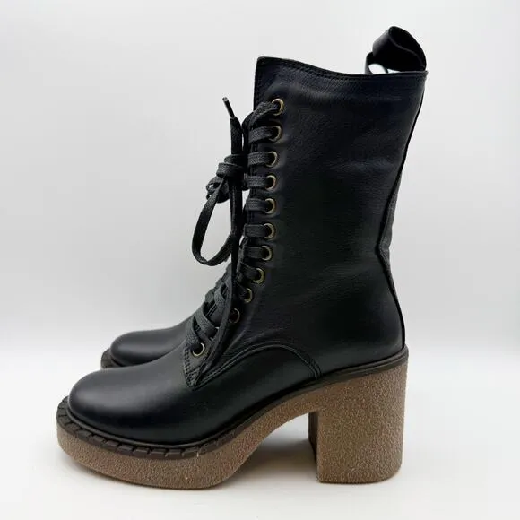 Bueno Womens Harly Boot EU 36 US 5.5-6 Black Leather Mid-calf Heels Lace Up NWOB