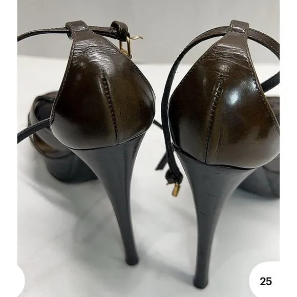 Burberry Stiletto Platform Brown Olive Strappy T-Strappy Sandal Shoe Size EU 37