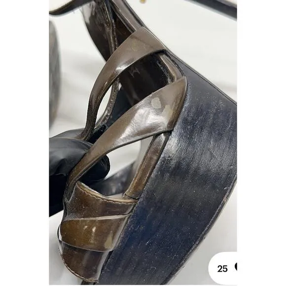 Burberry Stiletto Platform Brown Olive Strappy T-Strappy Sandal Shoe Size EU 37