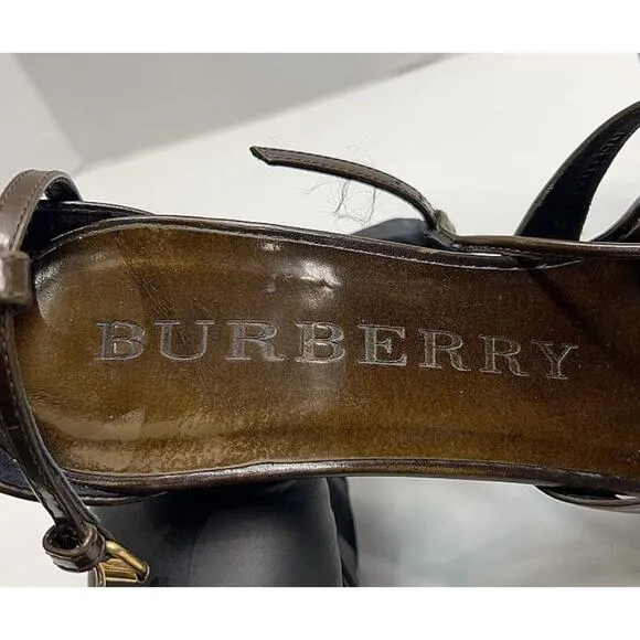 Burberry Stiletto Platform Brown Olive Strappy T-Strappy Sandal Shoe Size EU 37
