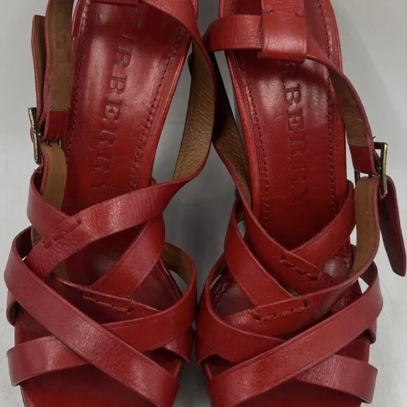 Burberry Women's 9 Strappy Red Leather 1.5&quot; Platform Stacked Wedge 5.5&quot; Heels