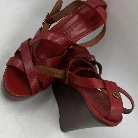 Burberry Women's 9 Strappy Red Leather 1.5&quot; Platform Stacked Wedge 5.5&quot; Heels