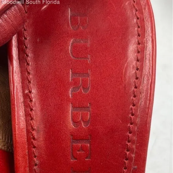 Burberry Women's 9 Strappy Red Leather 1.5&quot; Platform Stacked Wedge 5.5&quot; Heels