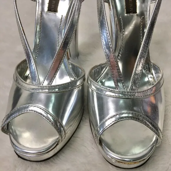 Burberry Women's Silver Leather Strappy Peep Toe Platform Heels Size 40