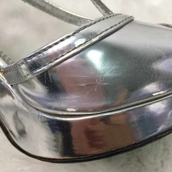 Burberry Women's Silver Leather Strappy Peep Toe Platform Heels Size 40