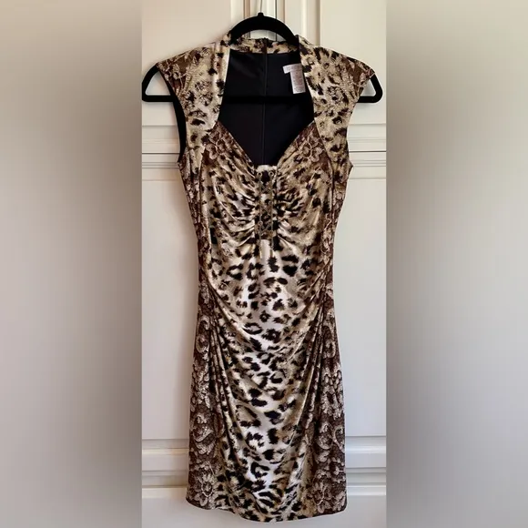 Caché- Bodycon Animal Print Ruched Gold Accent Cap Sleeves Zipper Closure XSmall